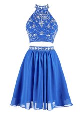 Custom Fit Blue Zipper High-neck Beading Cocktail Dresses Chiffon Sleeveless