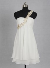 One Shoulder White Sleeveless Mini Length Appliques and Ruching Zipper Party Dress Wholesale