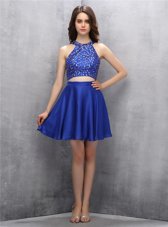 Modern Halter Top Mini Length A-line Sleeveless Royal Blue Cocktail Dress Zipper