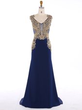 Mermaid Navy Blue Sleeveless Sweep Train Appliques Prom Dresses