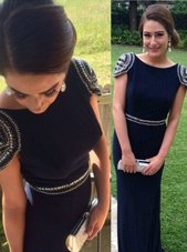 Lovely Navy Blue Cap Sleeves Brush Train Beading Prom Dress