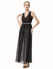 Beading and Pleated Prom Gown Black Backless Sleeveless Ankle Length