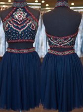 Modest Organza High-neck Sleeveless Zipper Embroidery Womens Party Dresses in Navy Blue