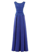 Elegant Blue Satin Zipper Scoop Sleeveless Floor Length Prom Dress Lace and Belt