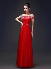 Dynamic Off the Shoulder Floor Length A-line Sleeveless Red Dress for Prom Lace Up