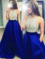 Halter Top Beading Prom Dresses Royal Blue Backless Sleeveless Floor Length