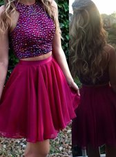 Hot Selling Scoop Fuchsia Sleeveless Chiffon Zipper Party Dress Wholesale
