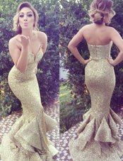 Elegant Mermaid Zipper Prom Dresses Gold and In for Prom with Ruffles Brush Train