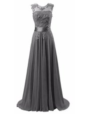 Cheap Scoop Sleeveless Chiffon Brush Train Lace Up Dress for Prom in Grey for with Beading and Appliques