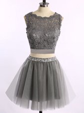 Customized Scoop Mini Length Zipper Party Dress Grey and In for Prom with Lace