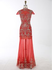 Fitting Mermaid Backless Red Cap Sleeves Beading and Appliques Floor Length Prom Evening Gown