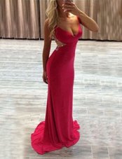 Modest Hot Pink Sleeveless Beading Zipper Prom Dresses