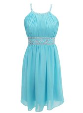 Halter Top Aqua Blue Criss Cross Juniors Party Dress Beading Sleeveless Knee Length