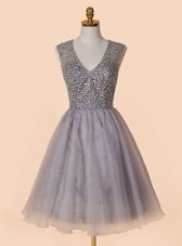 Sequins V-neck Sleeveless Zipper Grey Organza