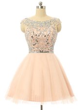 Attractive Peach A-line Scoop Sleeveless Tulle Knee Length Zipper Beading and Sequins Cocktail Dresses