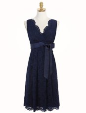 Lovely Lace Knee Length A-line Sleeveless Navy Blue Party Dress Zipper