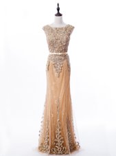 Free and Easy Mermaid Lace Grey Prom Dress Prom and Party and For with Beading Scoop Sleeveless Brush Train Zipper