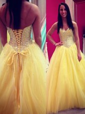 Noble Yellow Sweetheart Neckline Sequins Pageant Dress for Womens Sleeveless Lace Up