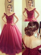 Exquisite Fuchsia A-line Tulle Off The Shoulder Sleeveless Appliques Floor Length Lace Up Pageant Dress for Womens