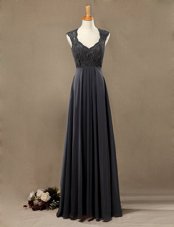 Chic Scoop Sleeveless Chiffon Floor Length Zipper Homecoming Dress in Black for with Lace