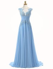 Scoop Chiffon Sleeveless With Train Prom Gown Brush Train and Appliques