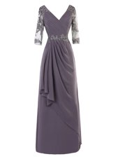 Glorious V-neck Long Sleeves Zipper Prom Dresses Grey Chiffon