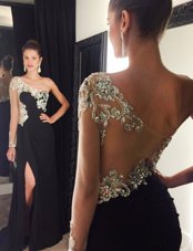Stylish Mermaid One Shoulder Long Sleeves Chiffon With Train Sweep Train Side Zipper Prom Gown in Black for with Beading