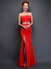 Mermaid Floor Length Red Prom Evening Gown Strapless Sleeveless Lace Up