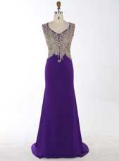 Mermaid V-neck Sleeveless With Brush Train Beading and Appliques Purple Chiffon