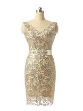 Champagne Column/Sheath V-neck Sleeveless Lace Mini Length Zipper Beading and Lace Casual Dresses