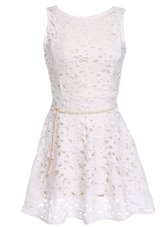 Decent Scoop Sleeveless Mini Length Lace and Belt Zipper Club Wear with White