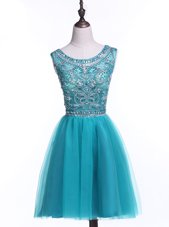 Affordable Teal A-line Scoop Sleeveless Tulle Mini Length Zipper Beading and Sequins Party Dress for Toddlers