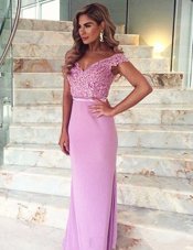 Best Mermaid Lilac Prom Evening Gown Prom and For with Lace and Sashes|ribbons Off The Shoulder Short Sleeves Brush Train Zipper