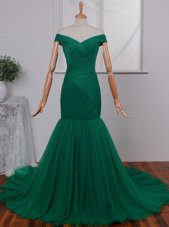 Sweet Mermaid Off the Shoulder Green Tulle Zipper Sleeveless Court Train Ruching