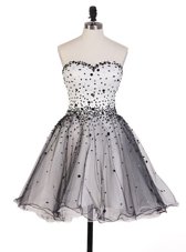 Grey A-line Organza Sweetheart Sleeveless Beading Knee Length Lace Up Party Dress