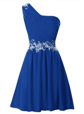 Customized One Shoulder Mini Length Royal Blue Cocktail Dresses Chiffon Sleeveless Appliques and Ruffles