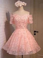 Mini Length Peach Custom Made Off The Shoulder Sleeveless Lace Up