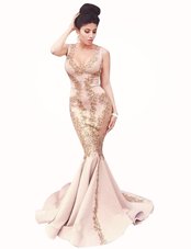 Mermaid Peach Scoop Zipper Beading Dress for Prom Brush Train Sleeveless