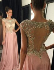 Pink Bateau Side Zipper Beading Brush Train Cap Sleeves