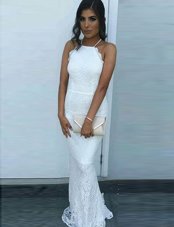 Charming Mermaid Square White Sleeveless Brush Train Lace Prom Dress