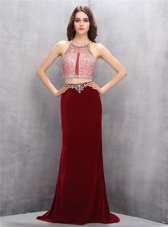Stylish Scoop Sleeveless Silk Like Satin With Train Sweep Train Criss Cross Homecoming Dress in Burgundy for with Beading