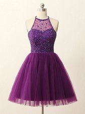 Trendy Purple Zipper Halter Top Beading and Sequins Womens Party Dresses Tulle Sleeveless