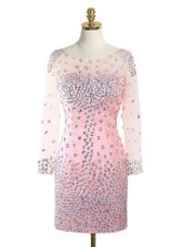 Pink Zipper Scoop Beading Party Dresses Elastic Woven Satin Long Sleeves