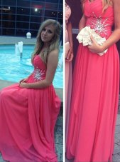 Backless Sweetheart Sleeveless Prom Dress Floor Length Beading Hot Pink Chiffon