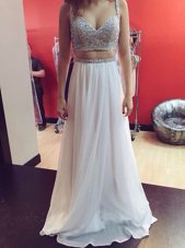 Eye-catching Spaghetti Straps Sleeveless Prom Gown Floor Length Sequins White Chiffon