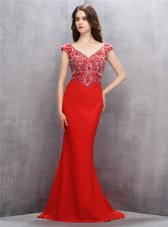 Mermaid Sleeveless Sweep Train Beading and Sequins Zipper Prom Gown