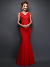 Mermaid V-neck Sleeveless Evening Dress Floor Length Beading and Appliques Red Lace