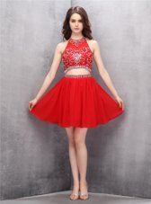 Red Zipper Scoop Beading Party Dress for Girls Chiffon Sleeveless