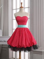 Superior Red A-line Sweetheart Sleeveless Chiffon Mini Length Zipper Lace and Pleated Womens Party Dresses