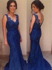 Mermaid Sleeveless Lace Court Train Backless Dress for Prom in Royal Blue for with Lace